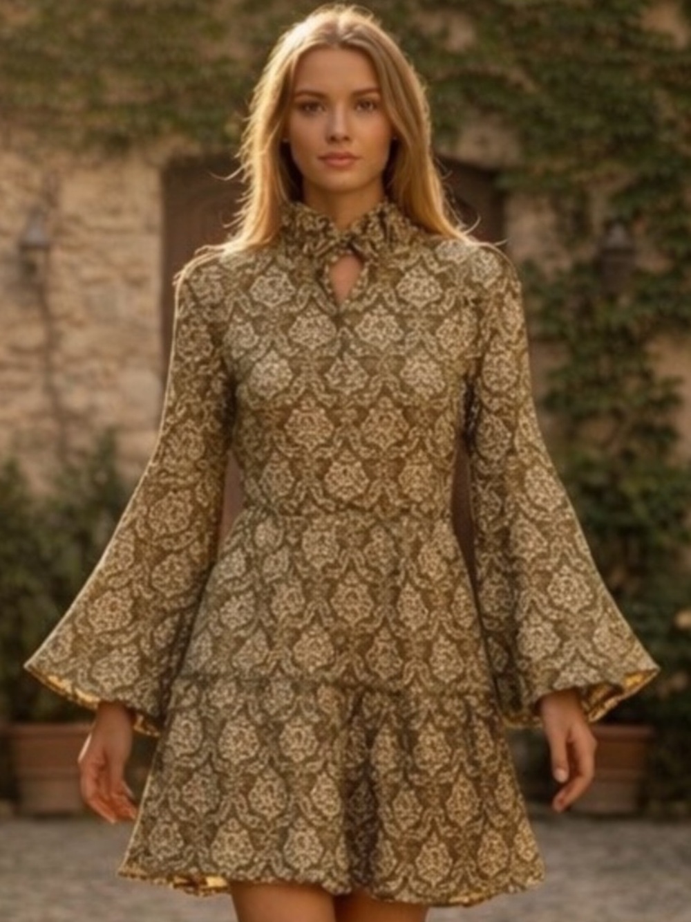 Tuckernuck Hyacinth House Bell Sleeve Tiered Mini Dress Size Medium in Olive